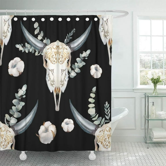 KSADK Watercolor Bull Skull Boho Chic with Buffalo Head Flowers and Eucalyptus Shower Curtain 66x72 inch