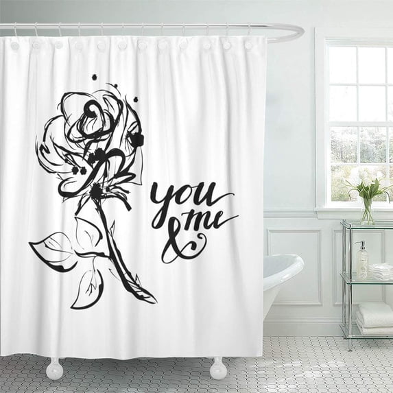 KSADK White Romantic Sketch and Hand Drawn Calligraphy Black Rose Flower Splash Artistic Shower Curtain 66x72 inch