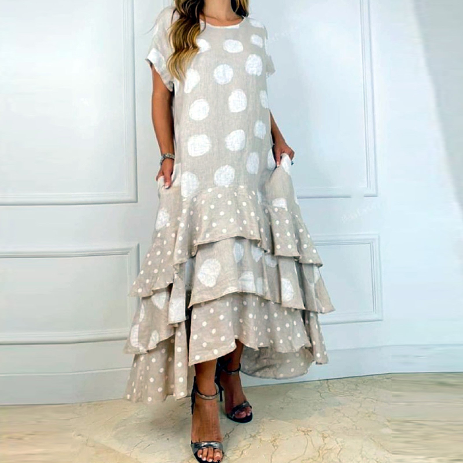 Peacock Round Neck Short Sleeve Polka Dot Tulle Maxi Formal Dress