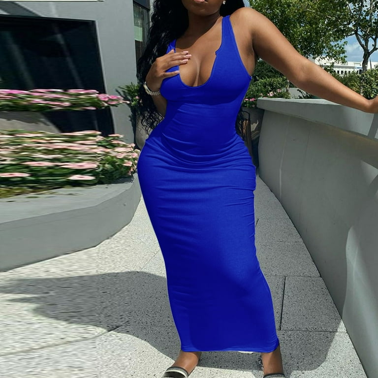 KSCYKKKD Dresses for Women Plus Size Female Bodycon V Neck Sleeveless Solid Sexy Ankle Length Slim Fit Bodycon Dresses Blue S Walmart