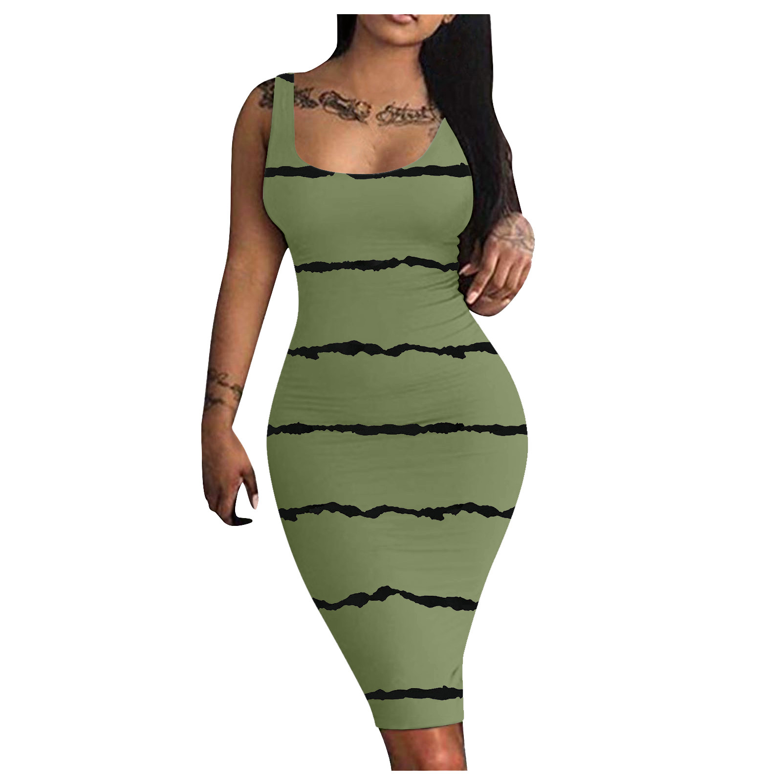 KSCYKKKD Dresses for Women Female Bodycon Sleeveless VNeck Striped Mid