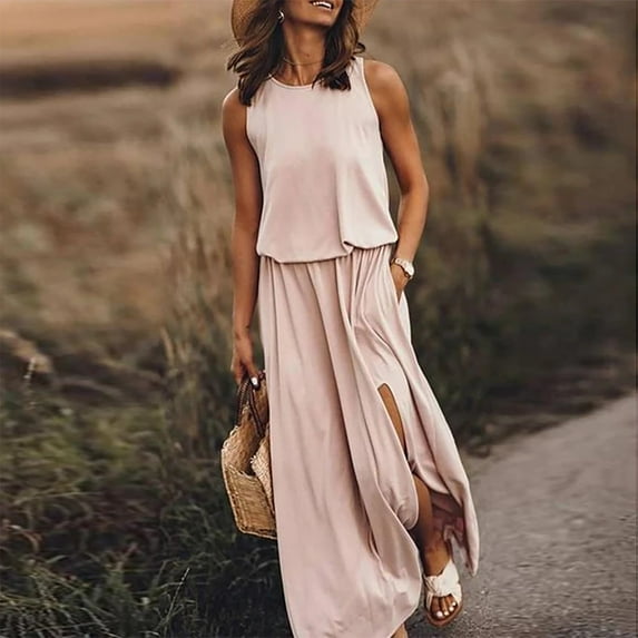 KSCYKKKD Women's Clearance Solid Crew Neck Sleeveless Maxi Dresses Casual Long Dresses ,Khaki,L
