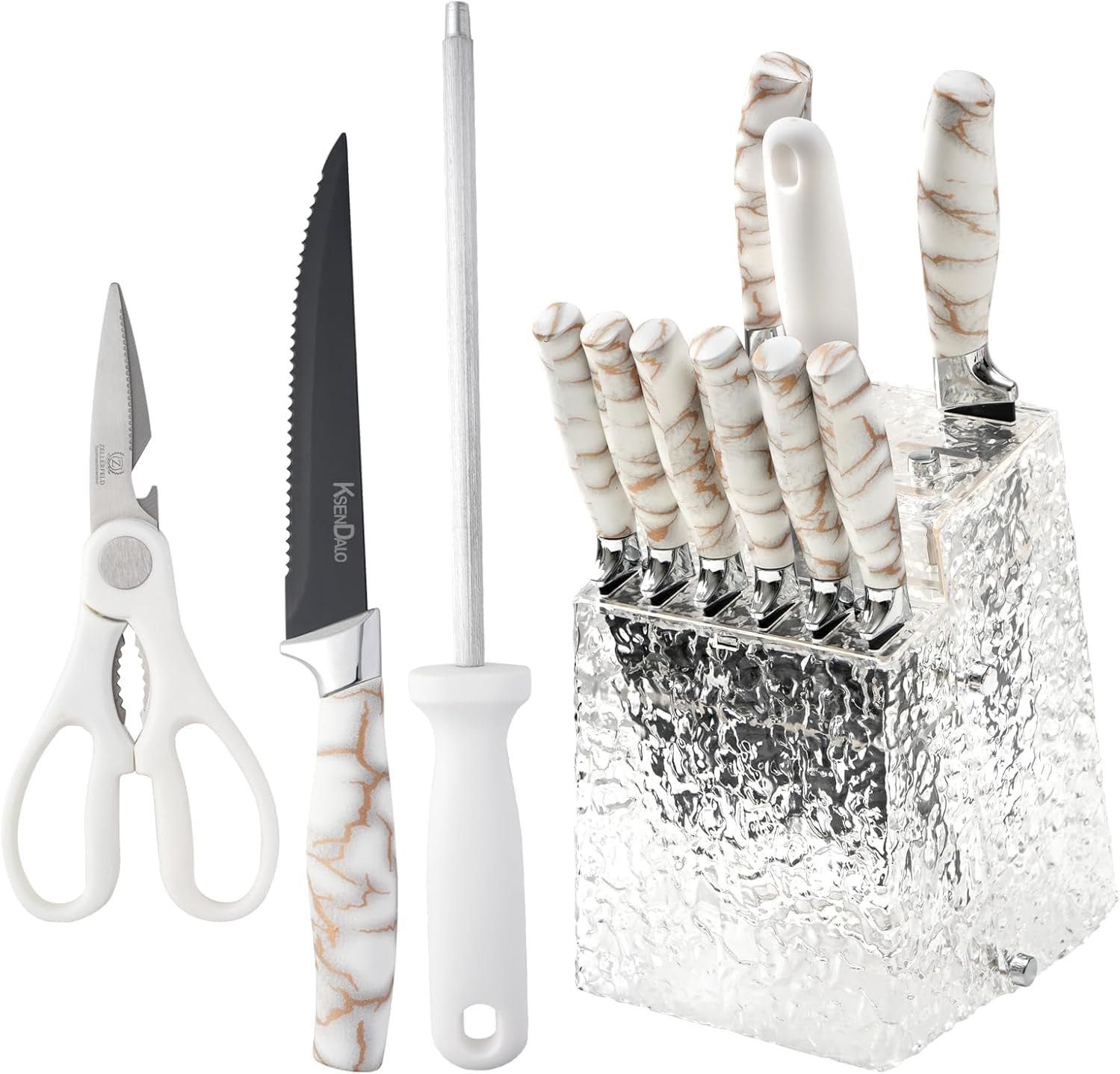 KSENDALO 14-Piece Kitchen Knife Set with Acrylic Block Holder