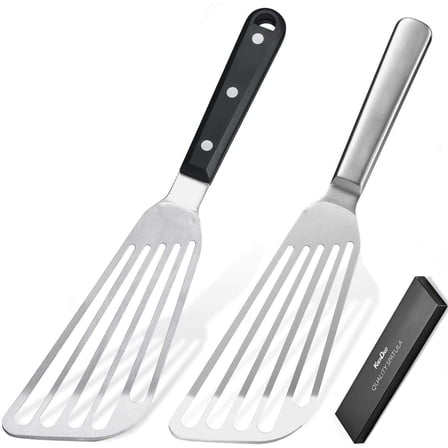 KSENDALO 2 Pack Fish Spatula Stainless Steel Set, Kitchen Metal Spatulas with Flexible Thin Slotted Angled Blade, Silver