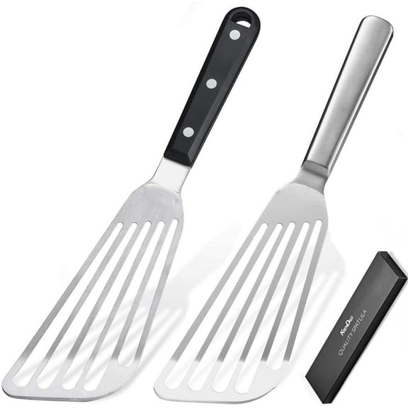KSENDALO 2 Pack Fish Spatula Stainless Steel Set, Kitchen Metal Spatulas with Flexible Thin Slotted Angled Blade, Silver