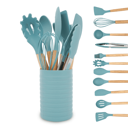 KSENDALO Small Silicone Cooking Utensils with Holder Set (12Pack), Aqua Kitchen Tools with Wooden Handle for Nonstick Cookware