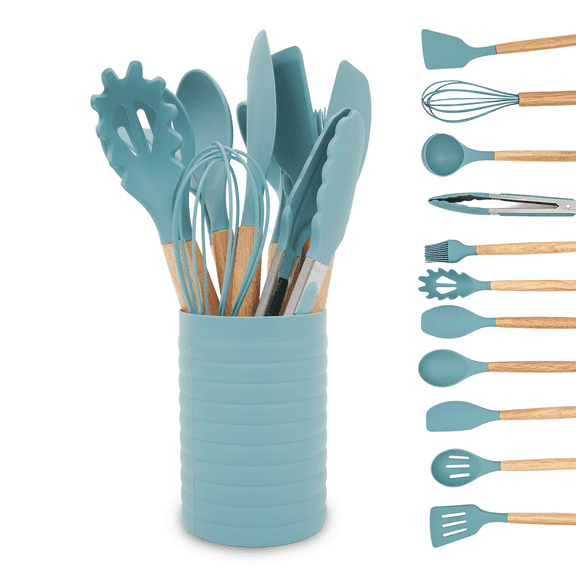 KSENDALO Small Silicone Cooking Utensils with Holder Set (12Pack),  Aqua Kitchen Tools with Wooden Handle for Nonstick Cookware