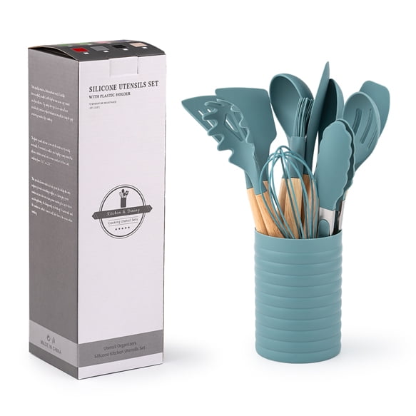 KSENDALO Small Silicone Cooking Utensils with Holder Set (12Pack),  Aqua Kitchen Tools with Wooden Handle for Nonstick Cookware