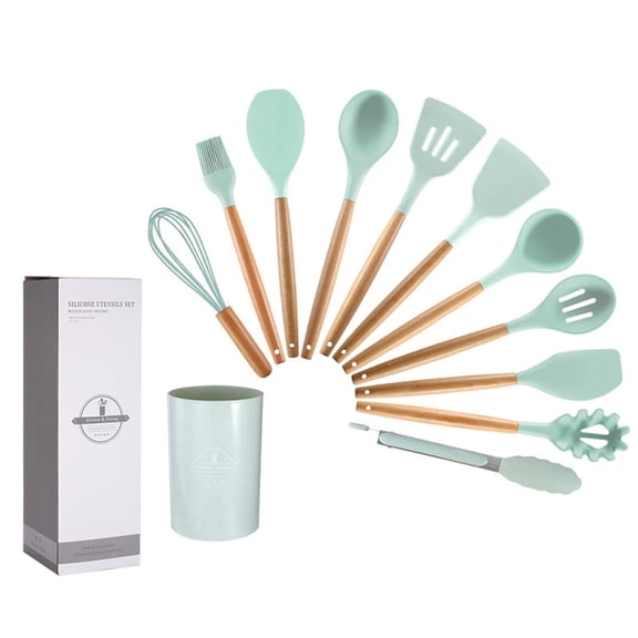 KSENDALO Silicone Kitchen Utensils with Holder Set (12 Pack), Heat Resistant Non-Stick Cooking Tools for Baking, Frying & Stirring, with Wooden Handle (Aqua)