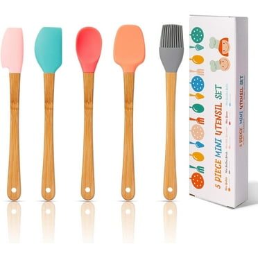 KSENDALO Small Silicone Spatulas Set of 5 with Wooden Handle, Silicone Mini Spatula for Jars, Cooking, Baking