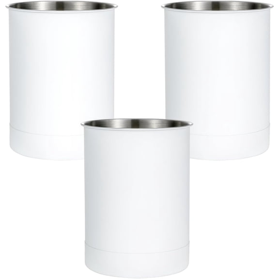 KSENDALO Stainless Steel Utensil Holder Set of 3 - 6.6* 5inch Round Kitchen Caddy, Crock, and Organizer for Cooking Spoons, Silverware, and Spatulas - Stylish Metal Container for Countertop, White