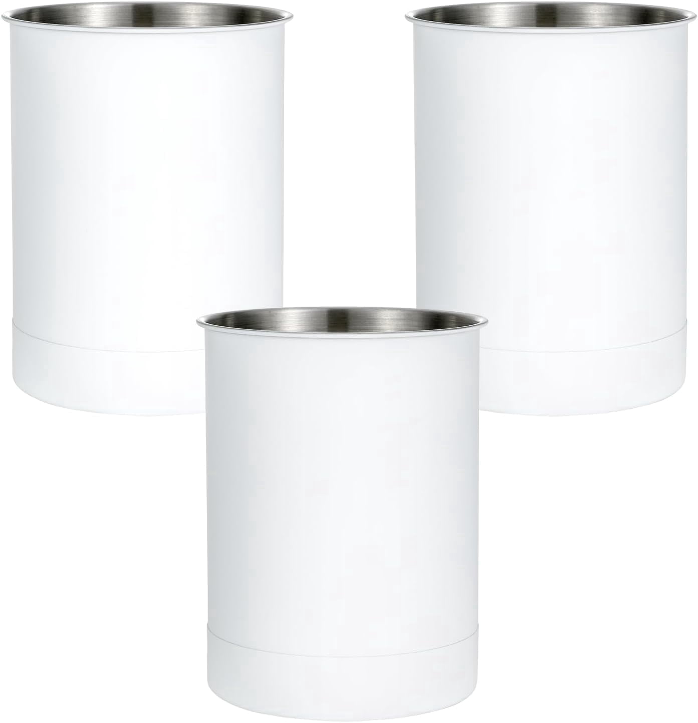 KSENDALO Stainless Steel Utensil Holder Set of 3 - 6.6* 5inch Round Kitchen Caddy, Crock, and Organizer for Cooking Spoons, Silverware, and Spatulas - Stylish Metal Container for Countertop, White