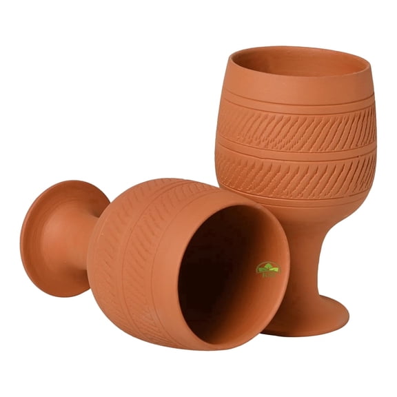 KSI Natural Terracotta Handmade Clay Wine Glass Tumblers | Set of 2 | 225ml Mitti Ke Glass for Drinking Water, Juice, Red Wine | Eco-Friendly Earthen Clay Glasses