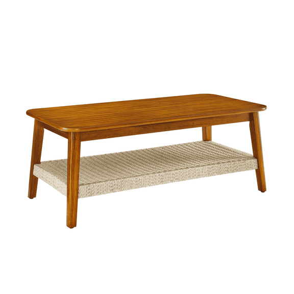 KSIN LEUE 2-Tier Coffee Table for Living Room, Living Room Table Rectangular Center Table, with Handmade Rattan Storage Shelf, Rounded Corners, Easy Assembly, Boho Style, Brown Walnut