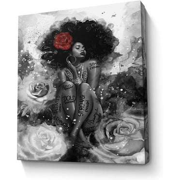 KSIW-African American Canvas Wall Art Black Girl Fashion Print Abstract Black Art Picture Women Rose Wall Decor Painting Framed Modern Artwork for Bedroom Bathroom Office Home Decor 16x20inch