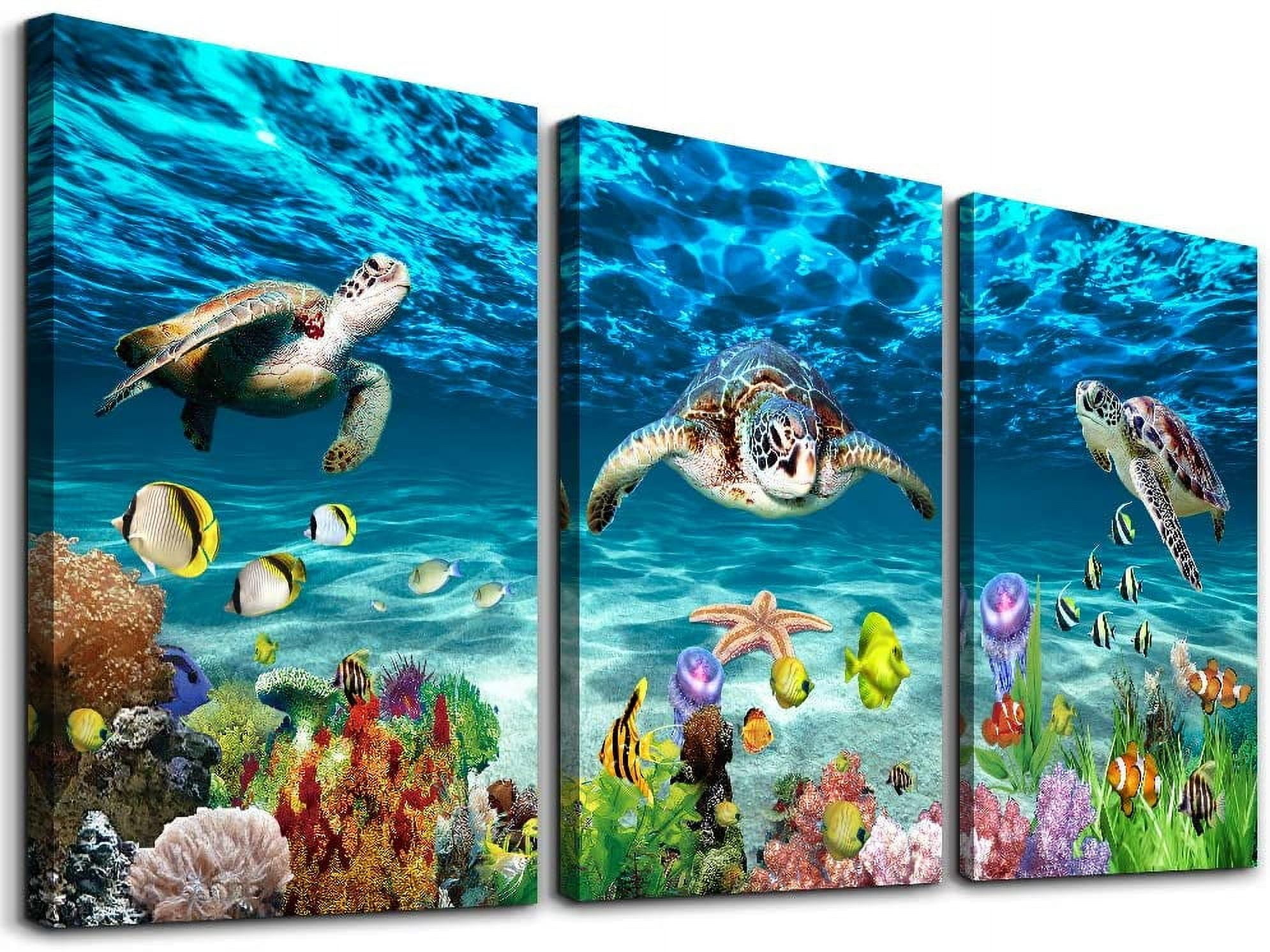 Large Blue Ocean Sea Turtle and Coral Canvas Wall Art Set
