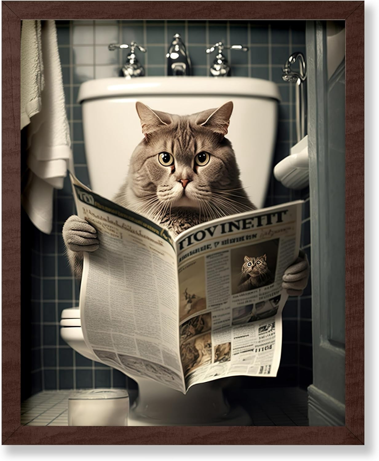 KSIW- Cat Sitting on Toilet Poster - Cat Reading a Newspaper Print ...