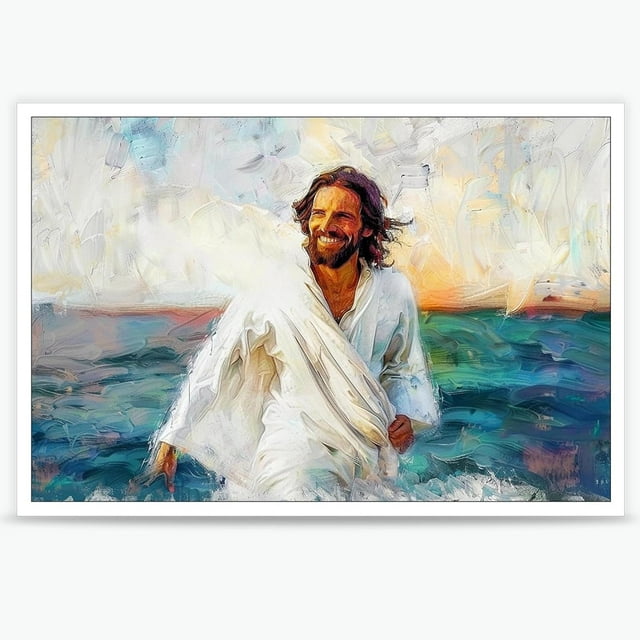 KSIW- Jesus Canvas Wall Art Christian Picture Jesus Blue Ocean Smile ...