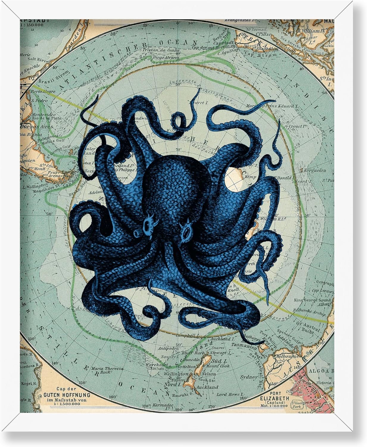 KSIW- Vintage Antarctica Map Poster - Whimsical Octopus Print - Kraken Art - Aquatic Art - Gift ...