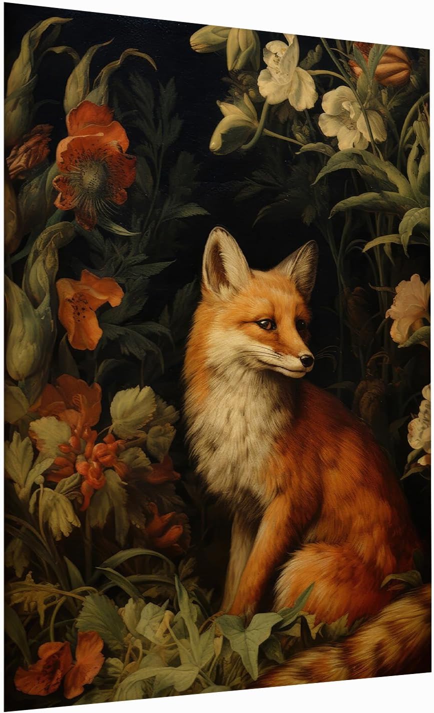 KSIW-Vintage Fox Wall Art, Antique Fox Painting, Fox In Flowering Shrubs Poster,Moody Rustic Fox ...