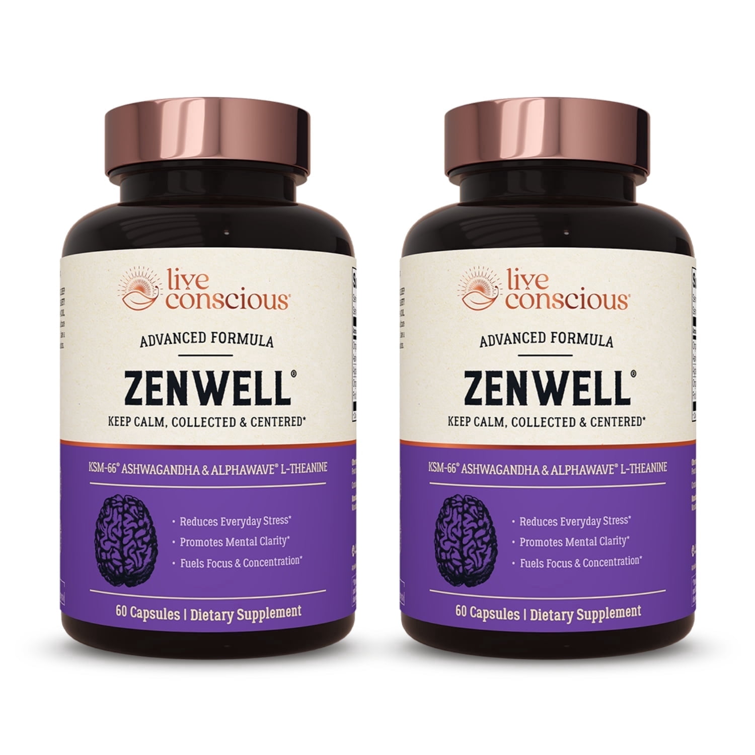 Live Conscious ZenWell KSM-66 Ashwagandha & L-Theanine, Stress Relief, Sleep & Brain Health Support, 60 Capsules (2-pack)