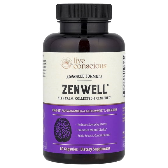 Live Conscious ZenWell KSM-66 Ashwagandha & L-Theanine, Stress Relief, Sleep & Brain Health Support, for Men & Women 60 Capsules