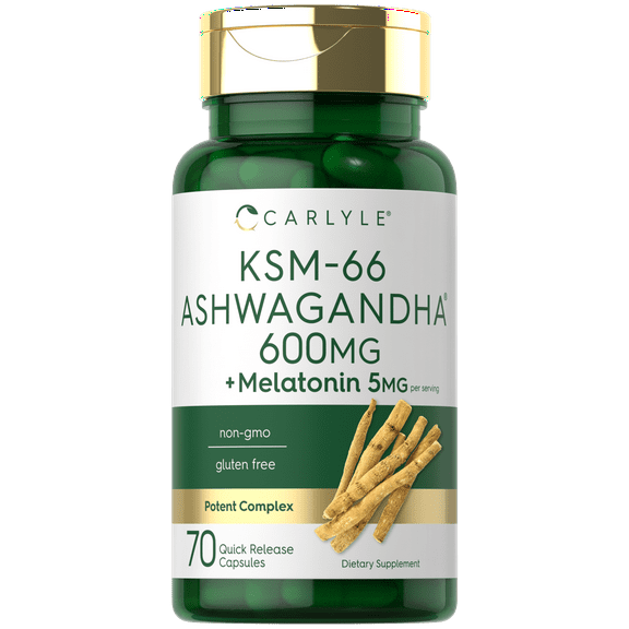KSM-66 Ashwagandha Capsules 600mg | 70 Count for Men and Women | with Melatonin 5mg | by Carlyle