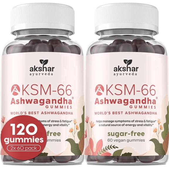 AKSHAR AYURVEDA KSM-66 Ashwagandha Gummies, Sugar Free Vegan Gummies with Chicory Root, Cherry Flavor, 60 Count, 2-pack