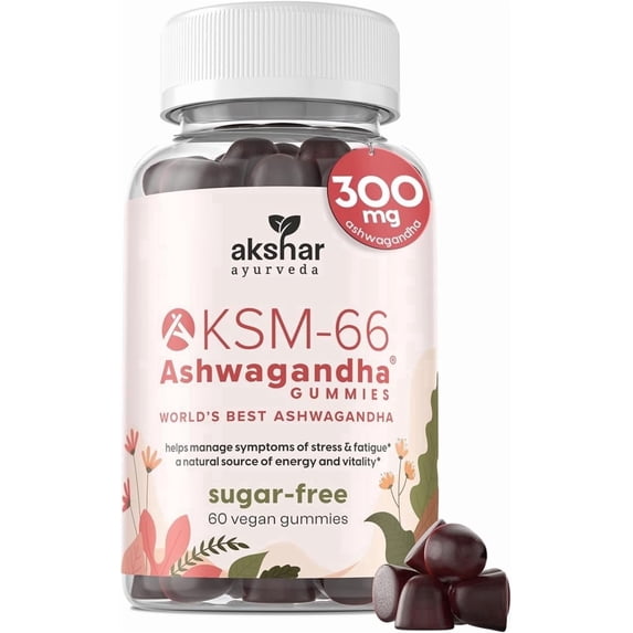 AKSHAR AYURVEDA KSM-66 Ashwagandha Gummies, Sugar Free Vegan Gummies with Chicory Root, Cherry Flavor, 60 Count