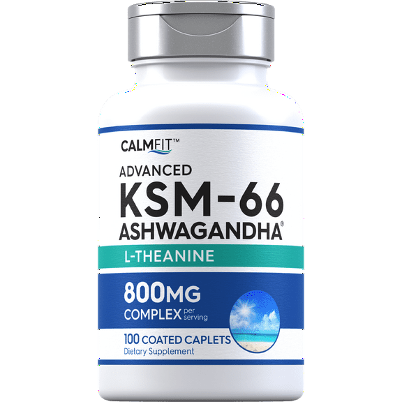 KSM-66 Ashwagandha with L-Theanine | 100 Caplets | 800mg Complex Supplement | Vegan, Non-GMO, Gluten Free | by Piping Rock
