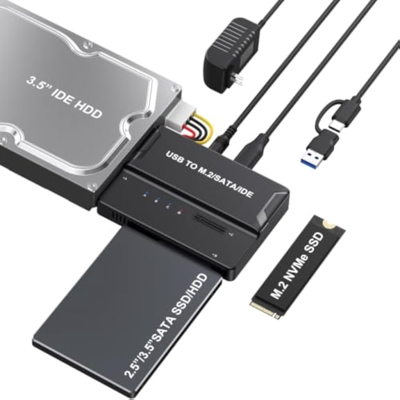 KSRplayer 3-in-1 USB 3.2 Gen 2 10Gbps Type-C Hard Drive Enclosure & Adapter Tool-Free External Drive Reader for M.2 NVMe SSD (2230-2280), 2.5"/3.5" SATA HDD/SSD & 3.5" IDE HDD
