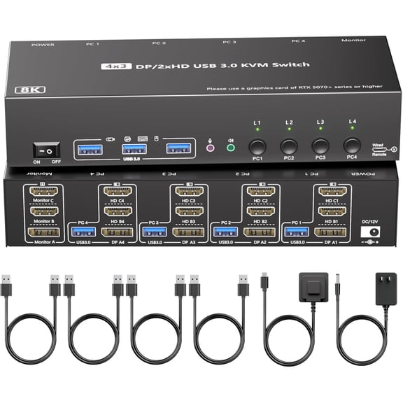 KSRplayer 4-PC 3-Monitor KVM Switch with Audio, HDMI & DisplayPort 8K@30Hz / 4K@144Hz, USB 3.0 Hub, Ideal for Office, WFH, and Programmer Setups