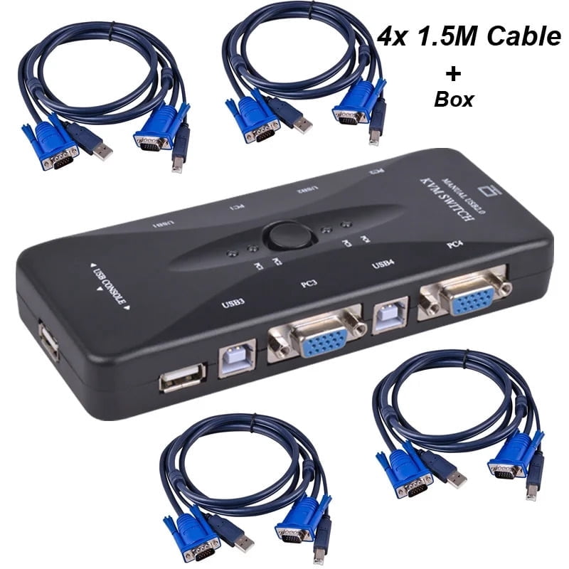 KSRplayer 4-Port USB 2.0 VGA KVM Switch with 4 PCS KVM Cable