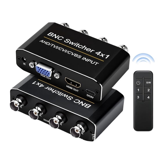 KSRplayer 4x1 BNC Video Switcher, Supports AHD/TVI/CVI/CVBS Signals, 4-Channel CCTV Switcher with Simultaneous HDMI + VGA Output, for Security Camera & Monitor