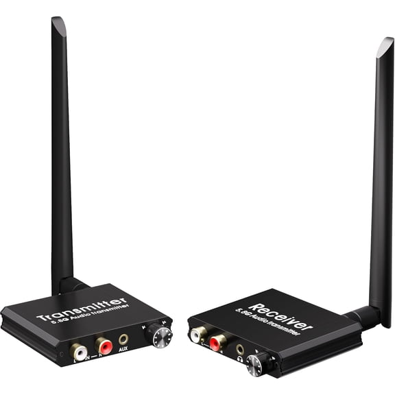 KSRplayer 5.8GHz Wireless RCA AUX Audio Transmitter and Receiver Kit for TV & Projector  164ft Long Range, 9ms Low Latency, Volume Control Knob, Connect to Active Speaker, Soundbar, Amplifier
