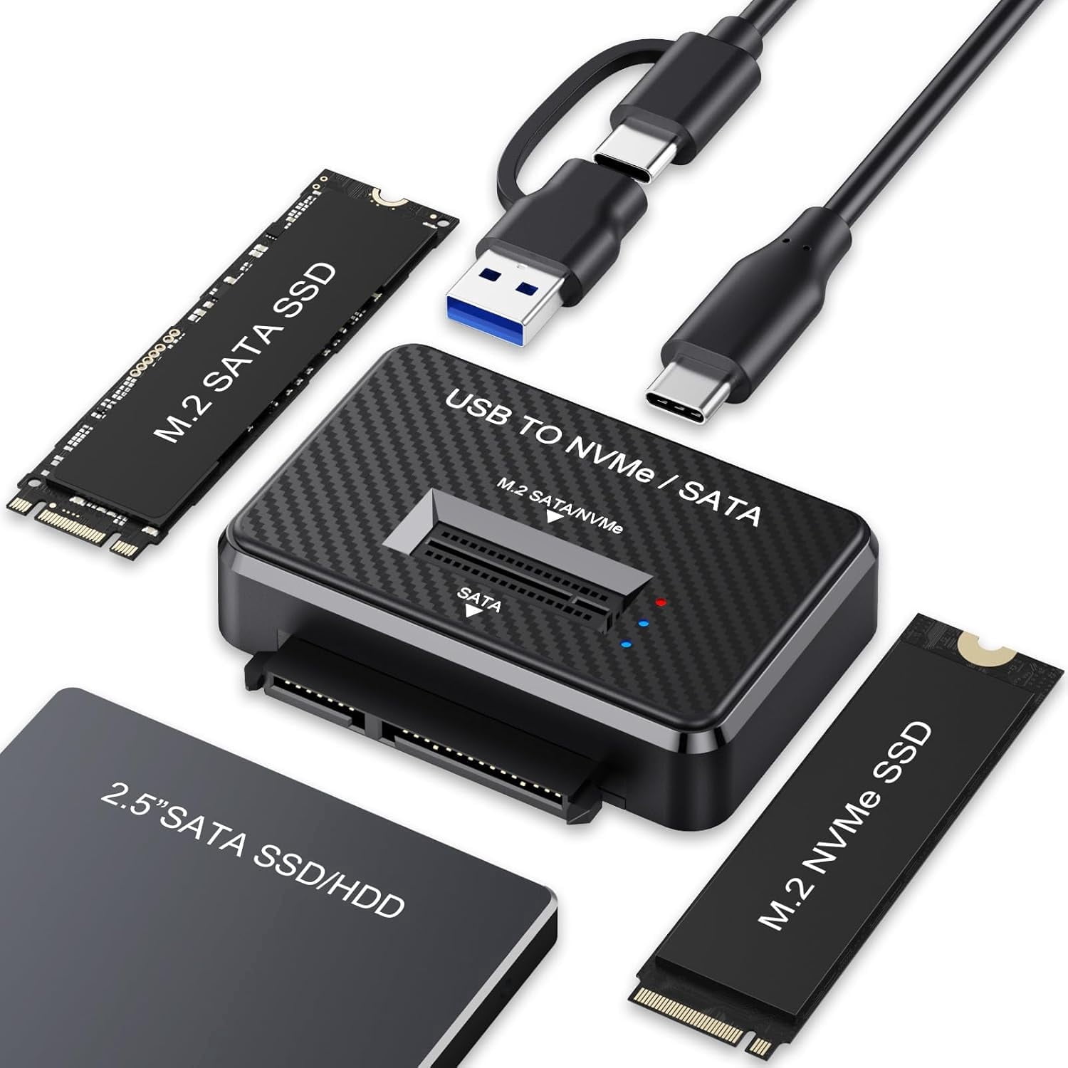 KSRplayer Dual-Bay M.2 NVMe/SATA & 2.5" SATA Enclosure Adapter,2-in-1 External Hard Drive Reader, USB 3.2 Gen 2 (10Gbps), Portable M.2 SSD to USB, Supports M Key & M+B Key