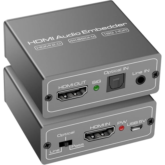 KSRplayer HDMI Audio Embedder & Inserter Digital + Analog Audio, DVI to HDMI Converter, Supports TOSLINK Optical & 3.5mm AUX Input, 4K@60Hz 18Gbps HDR HDCP 2.2
