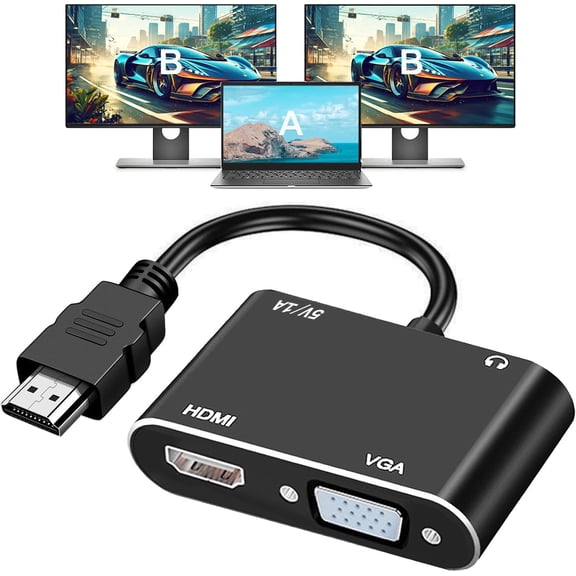 KSRplayer HDMI to VGA & HDMI Splitter 1 to 2, Dual Monitor Adapter, 1080P@60Hz Full HD Video Converter for PC Laptop to VGA Monitor/HDTV/Projector Plug & Play for Windows, Mac OS, Linux
