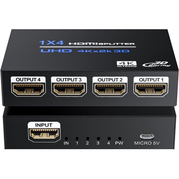 KSRplayer 4K HDMI Splitter 1x4 Mirrors One Source to Four Displays AC Adapter Included