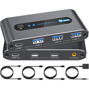KSRplayer USB 3.2 Switch for 2 Computers, 4Port USB Sharing Hub with USBC Input Supports Keyboard, Mouse, Scanner, Printer, Includes Desktop Controller