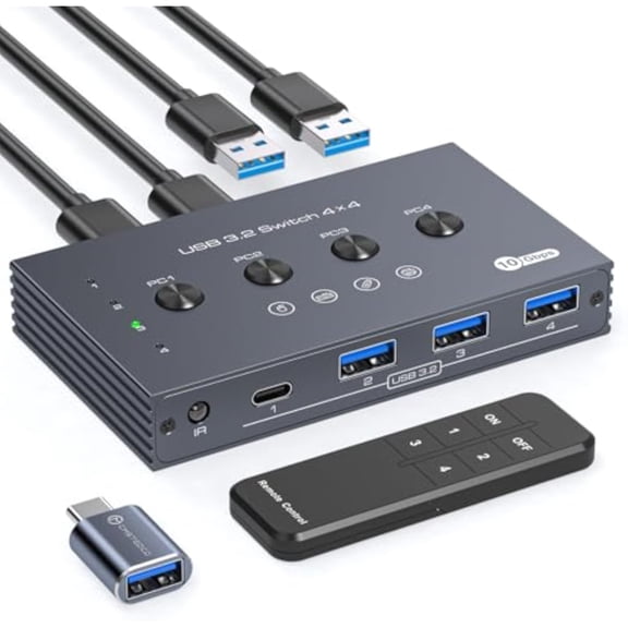 KSRplayer USB 3.2 Switch Selector, 10Gbps 4 Port USB Switcher for 4 Computers Sharing 1 USB-C 3 USB-A Devices, Keyboard Mouse Printer Scanner, with Cable, Remote Control and USB-C to USB-A Adapter