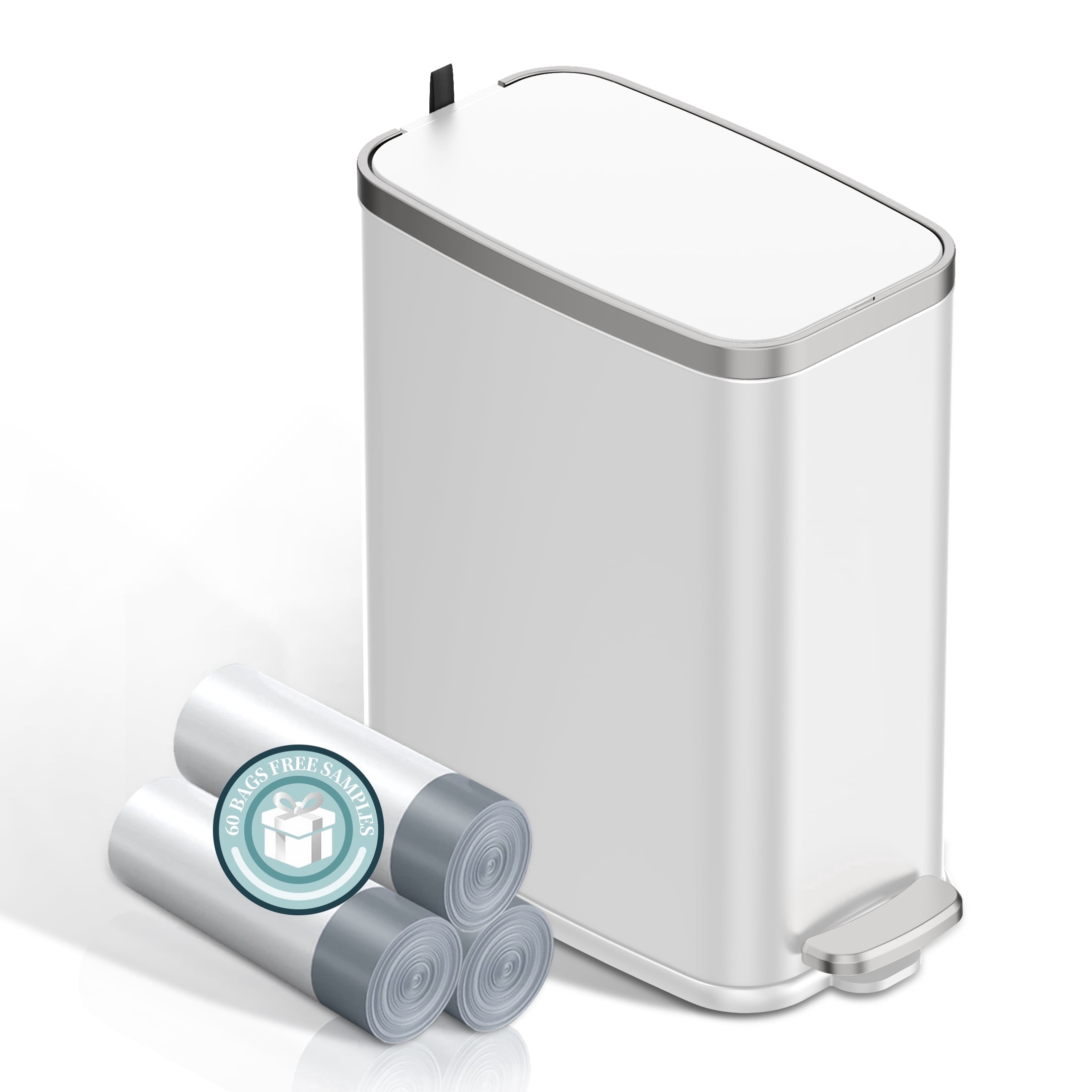 KSSKSS 1.6 Gallon/6L Slim Stainless Steel Bathroom Trash Can with Lid, Soft-Close Small Garbage Bin for Narrow Spaces, White