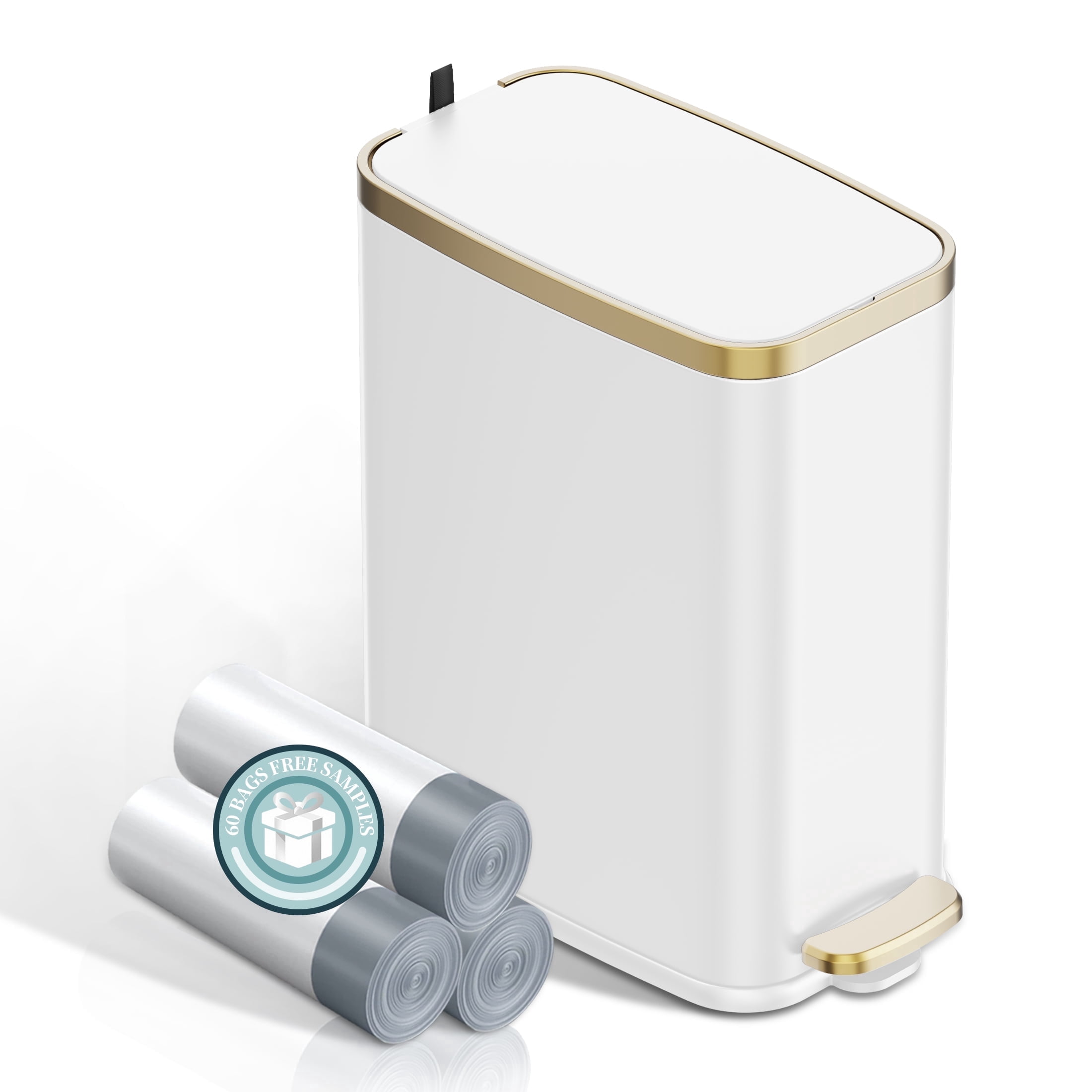 KSSKSS 1.6 Gallon/6L Slim Stainless Steel Bathroom Trash Can with Lid, Soft-Close Small Garbage Bin for Narrow Spaces, White