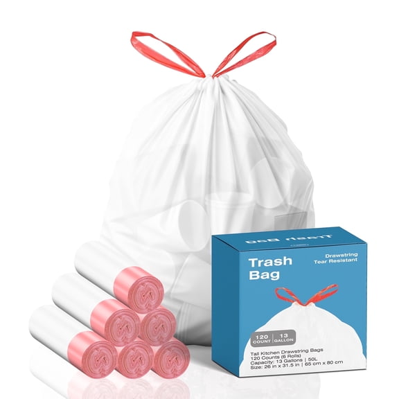 KSSKSS 13 Gallon Tall Kitchen Drawstring Trash Bags,120 Count,Leak Proof, White, Unscented, Suitable for Kitchen, Office, Home