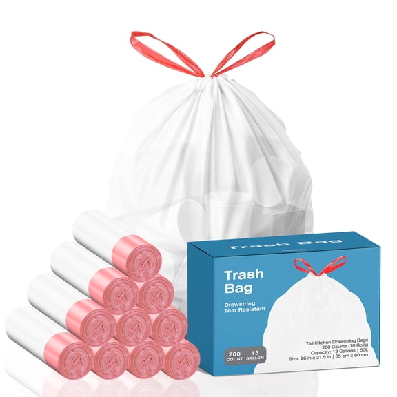 KSSKSS 13 Gallon Tall Kitchen Drawstring Trash Bags,200 Count,Leak Proof, White, Unscented, Suitable for Kitchen, Office, Home
