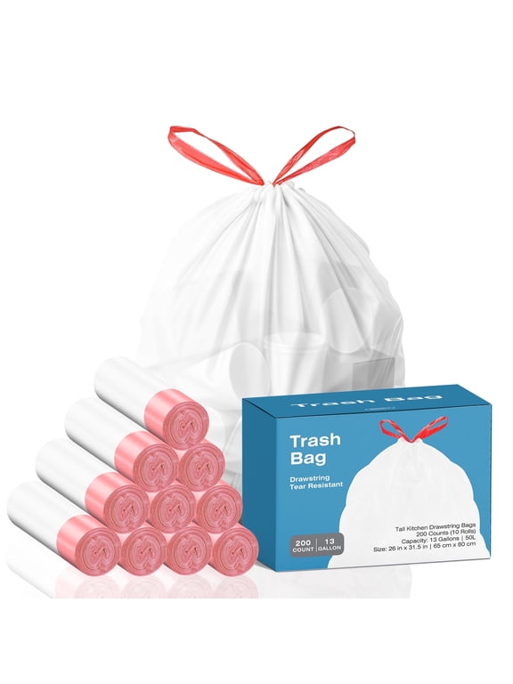 13 Gallon Tall Kitchen Drawstring Trash Bags,200 Count,Leak Proof, White, Unscented, Suitable for Kitchen, Office, Home