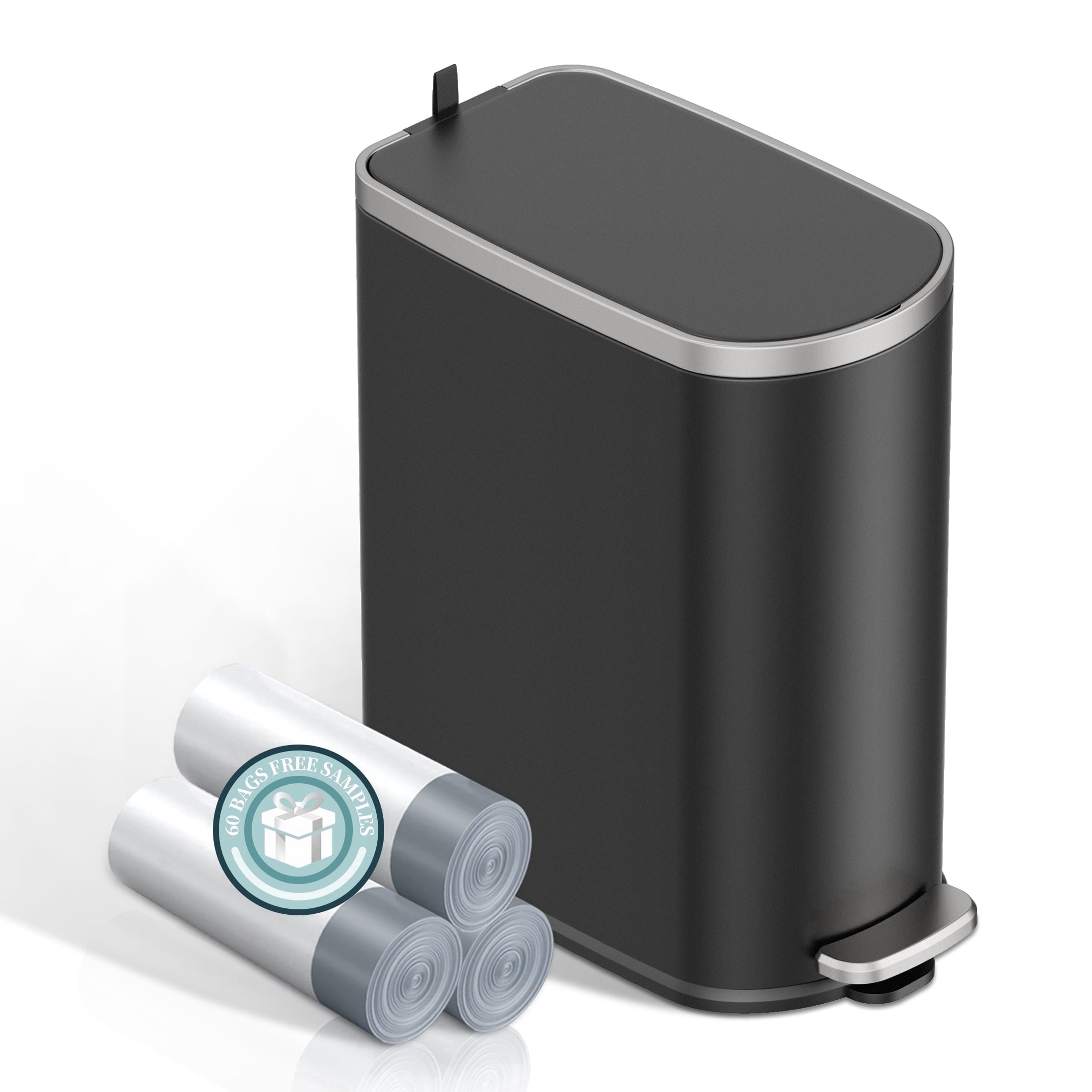 KSSKSS 2.6 Gallon/10L Slim Stainless Steel Bathroom Trash Can with Lid, Soft-Close Small Garbage Bin for Narrow Spaces, Black