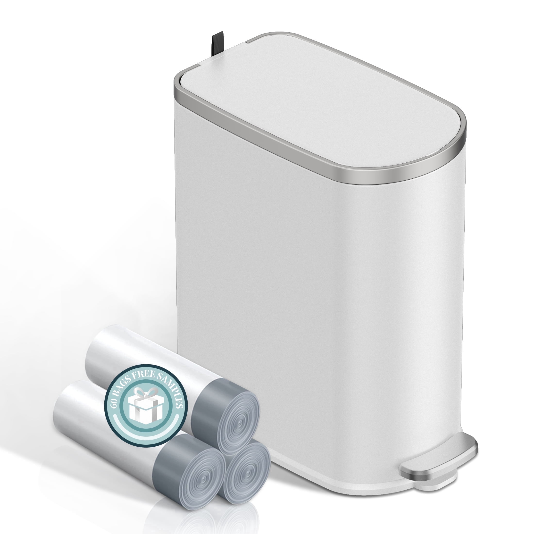 KSSKSS 2.6 Gallon/10L Slim Stainless Steel Bathroom Trash Can with Lid, Soft-Close Small Garbage Bin for Narrow Spaces, White