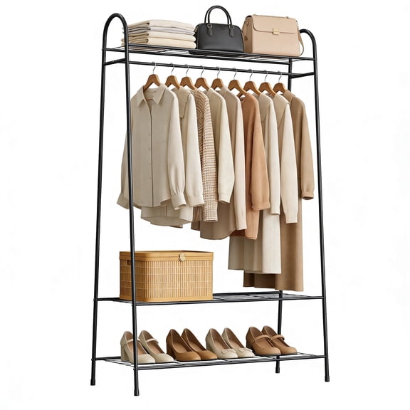 KSSKSS 3-Tier Heavy Duty Metal Clothes Rack with Storage Mesh Shelves – Free-Standing Garment Rack, Holds Clothes, Strong Load-Bearing, Easy Assembly for Entryway, Bedroom, and Balcony(Black)