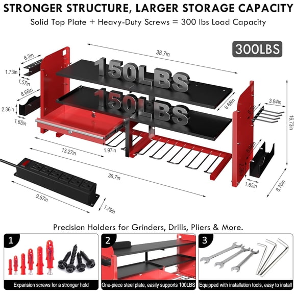 KSVO Power Tool Organizer Wall Mount with Drill Rack, Grinder Holder, Hammer & Pliers Rack, Locking Drawers, 6-Outlet Charging Shelf – Heavy Duty Metal Tool Storage for Garage, Workshop (Red)